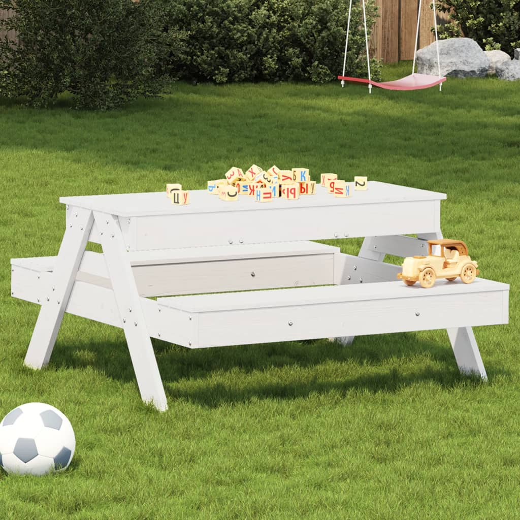 picnicbord med sandkasse til børn massivt fyrretræ hvid billede