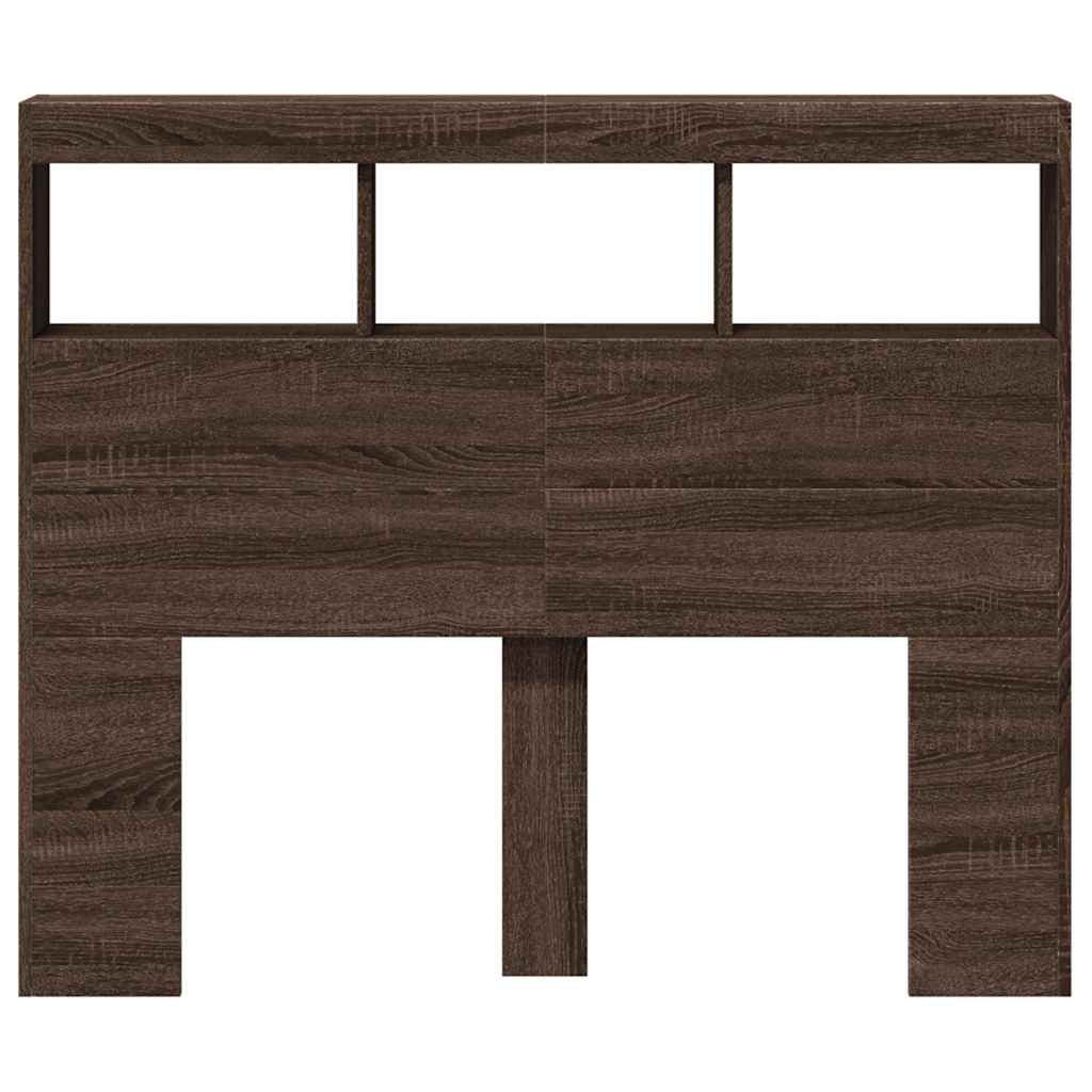 sengegavl med opbevaring og LED-lys 120x17x102 cm brunt eg