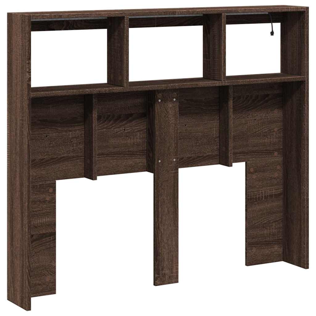 sengegavl med opbevaring og LED-lys 120x17x102 cm brunt eg