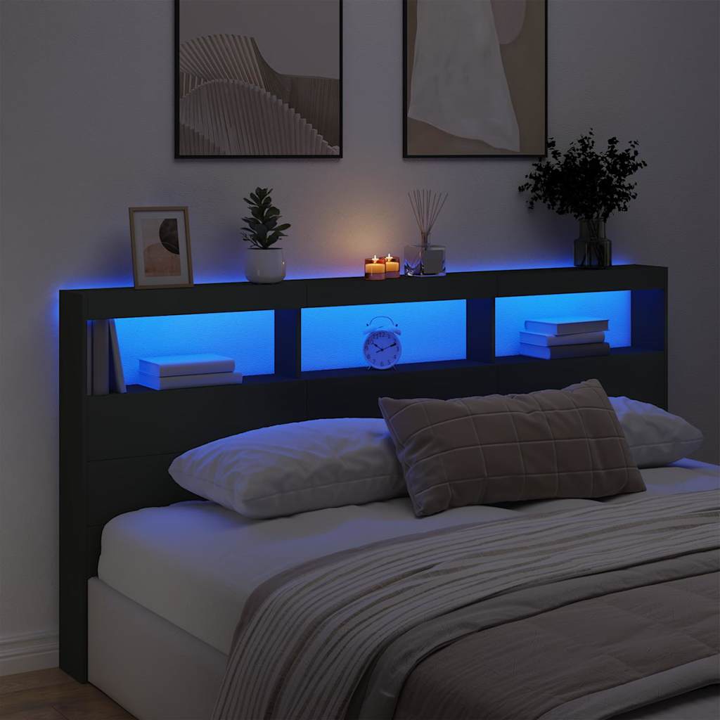 sengegavl med opbevaring og LED-lys 200x17x102 cm sort