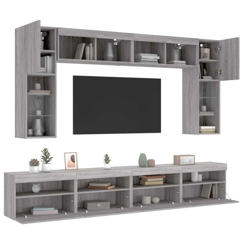 væghængt tv-møbel 8 dele med LED-lys grå sonoma-eg