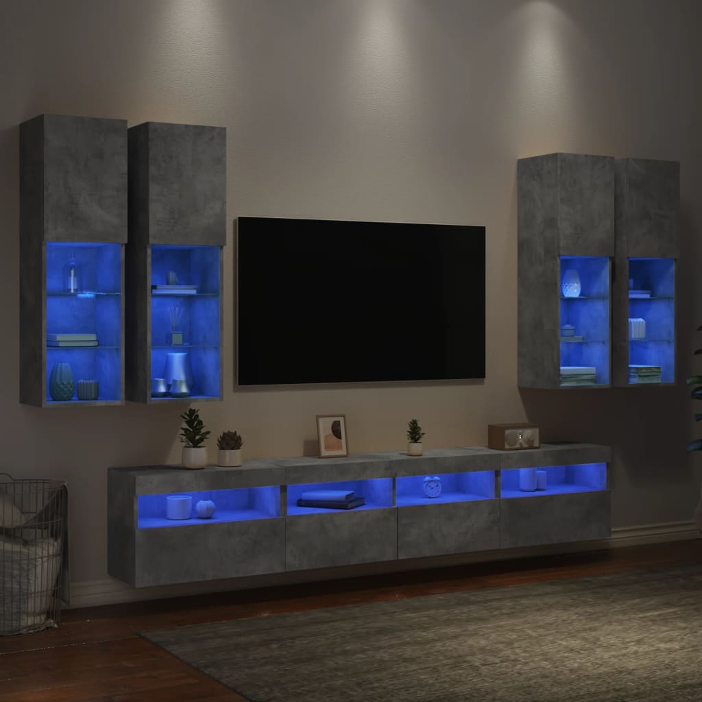 væghængt tv-møbel 7 dele med LED-lys betongrå