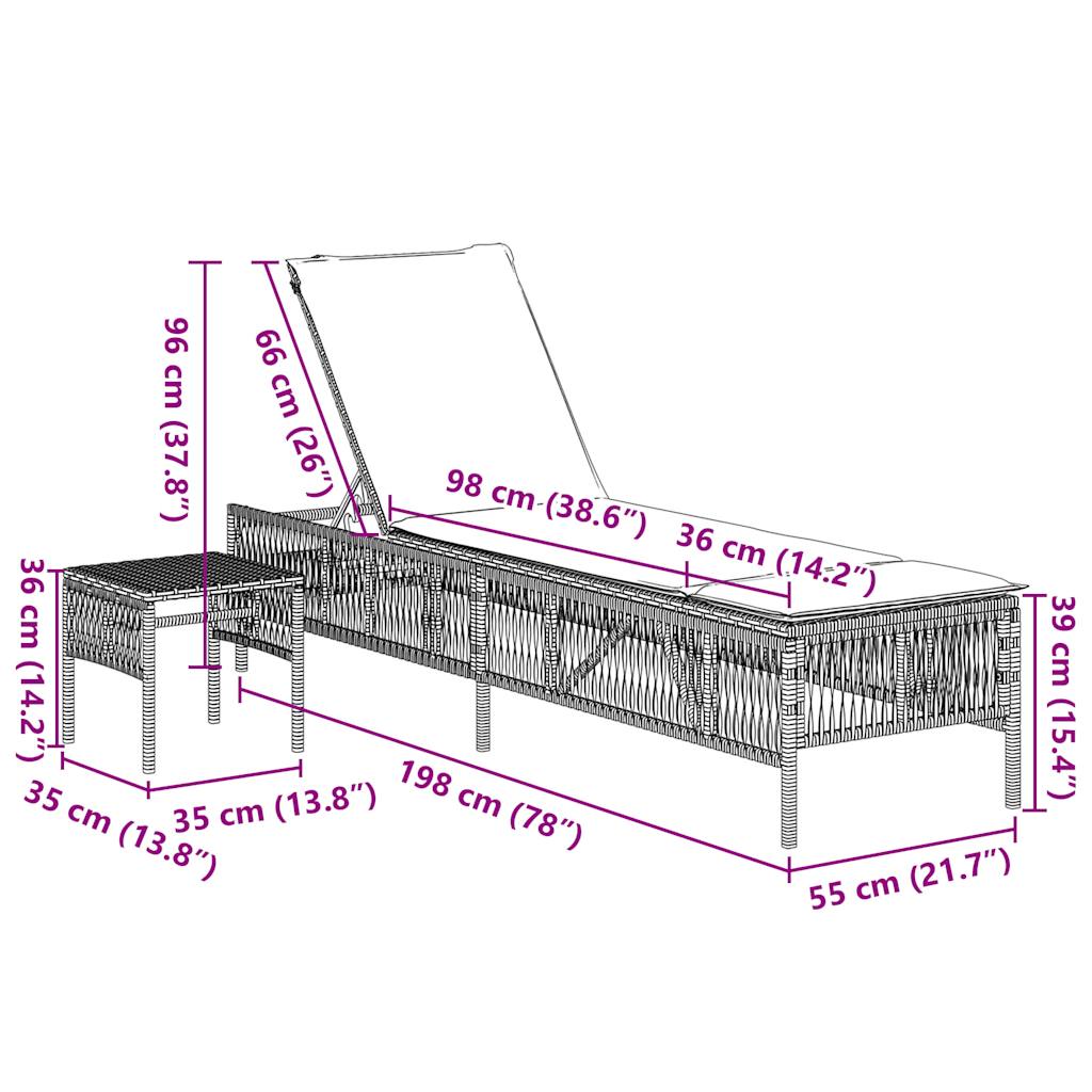 liggestole 2 stk. med bord brun polyrattan