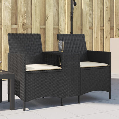 2-personers sofa med bord og hynder polyrattan sort