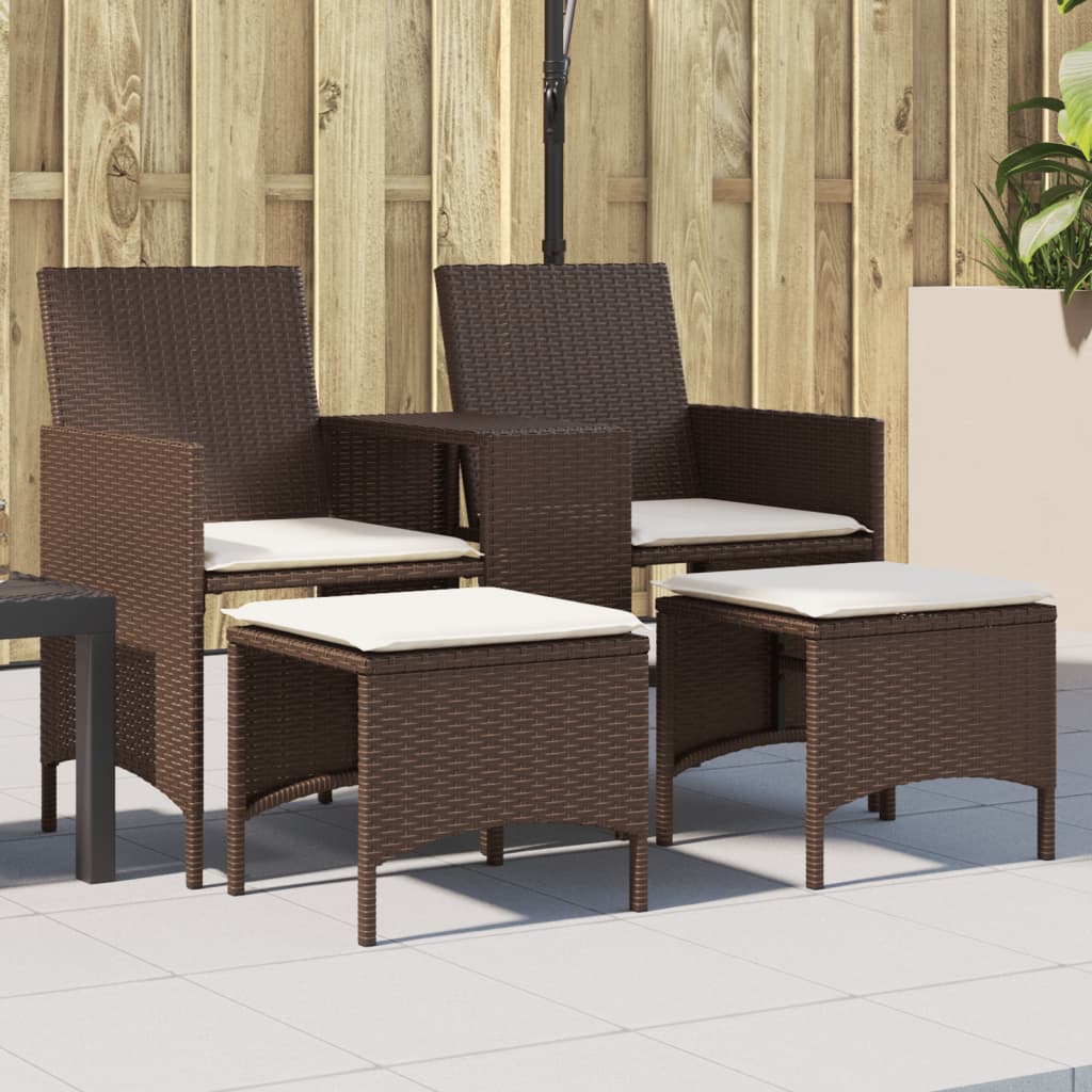2-Personers Havesofa Med Bord Og Hynder Polyrattan - Brun / Med fodskammel