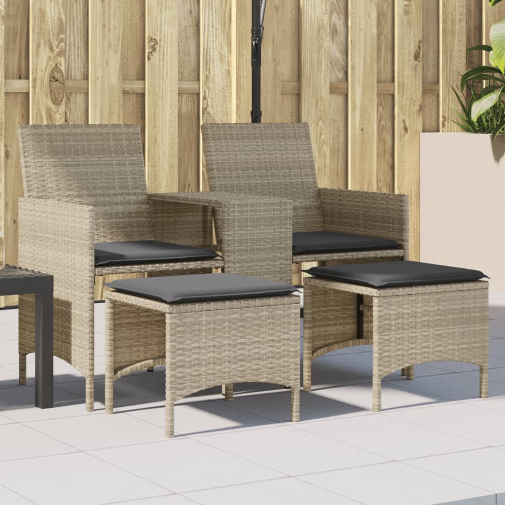 2-Personers Havesofa Med Bord Og Hynder Polyrattan - Lysegrå / Med fodskammel
