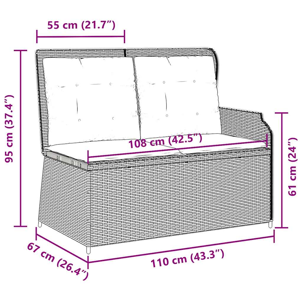 havebænk med hynder og lænefunktion polyrattan grå