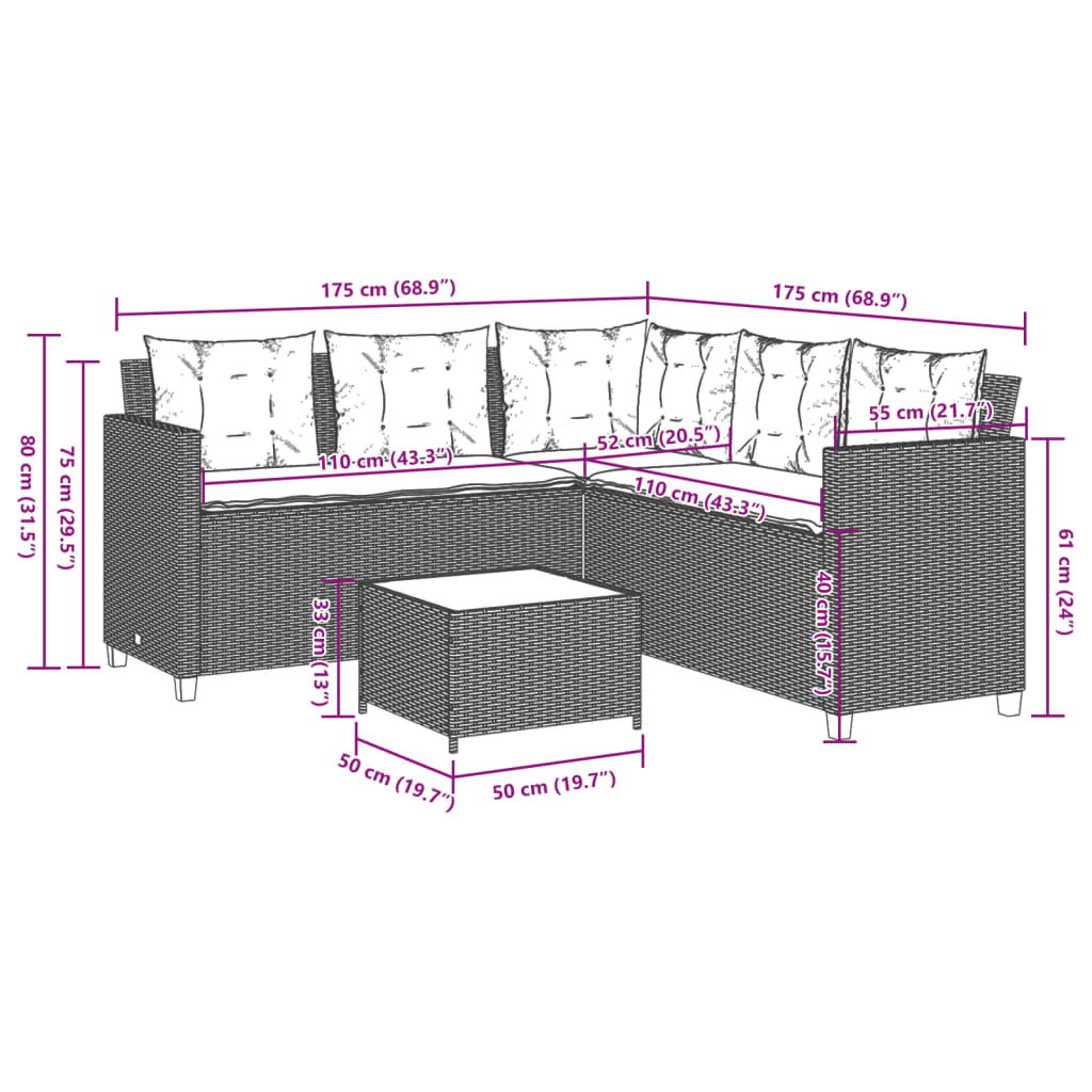 havesofa med bord og hynder L-formet polyrattan beige