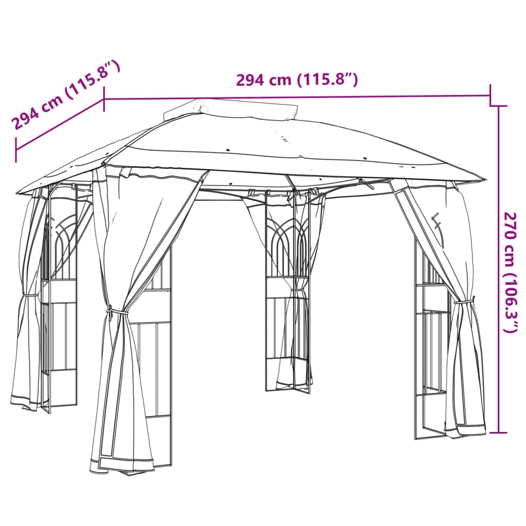 pavillon 2,94x2,94 m dobbelt tag + meshvægge stål cremefarvet