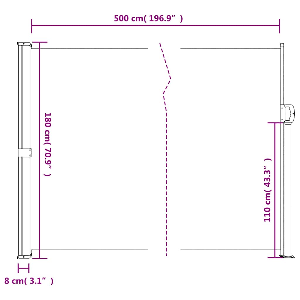 sidemarkise 180x500 cm sammenrullelig brun