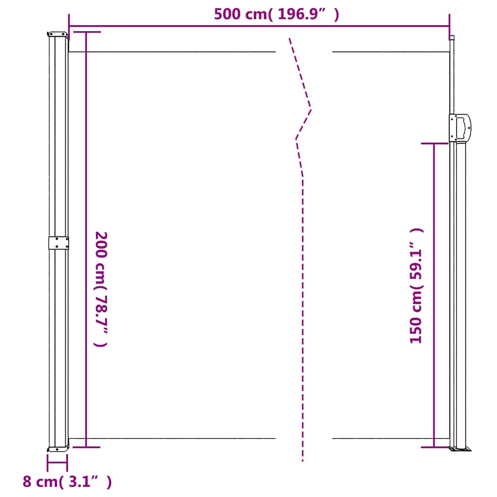 sidemarkise 200x500 cm sammenrullelig sort