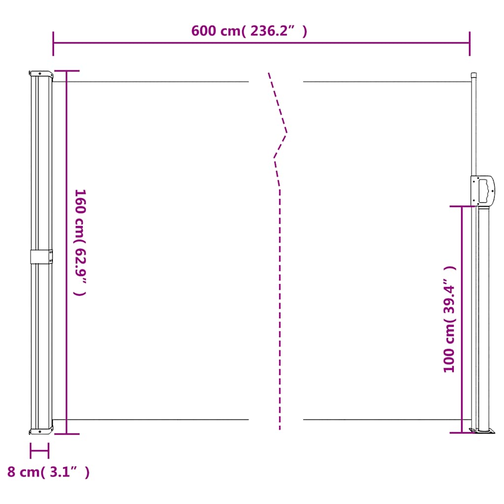 sammenrullelig sidemarkise 160 x 600 cm antracitgrå