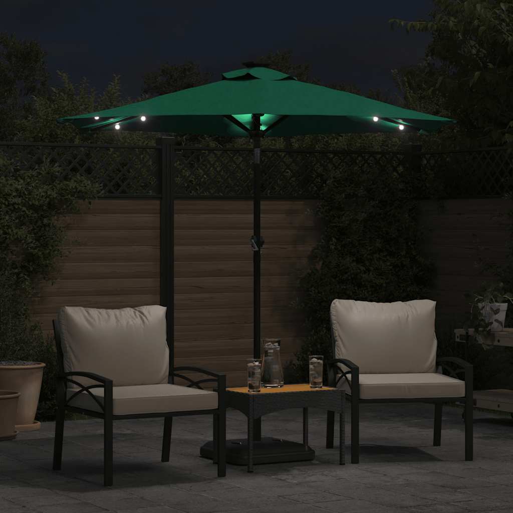 parasol med LED-lys og stålstang 225x225x212 cm grøn