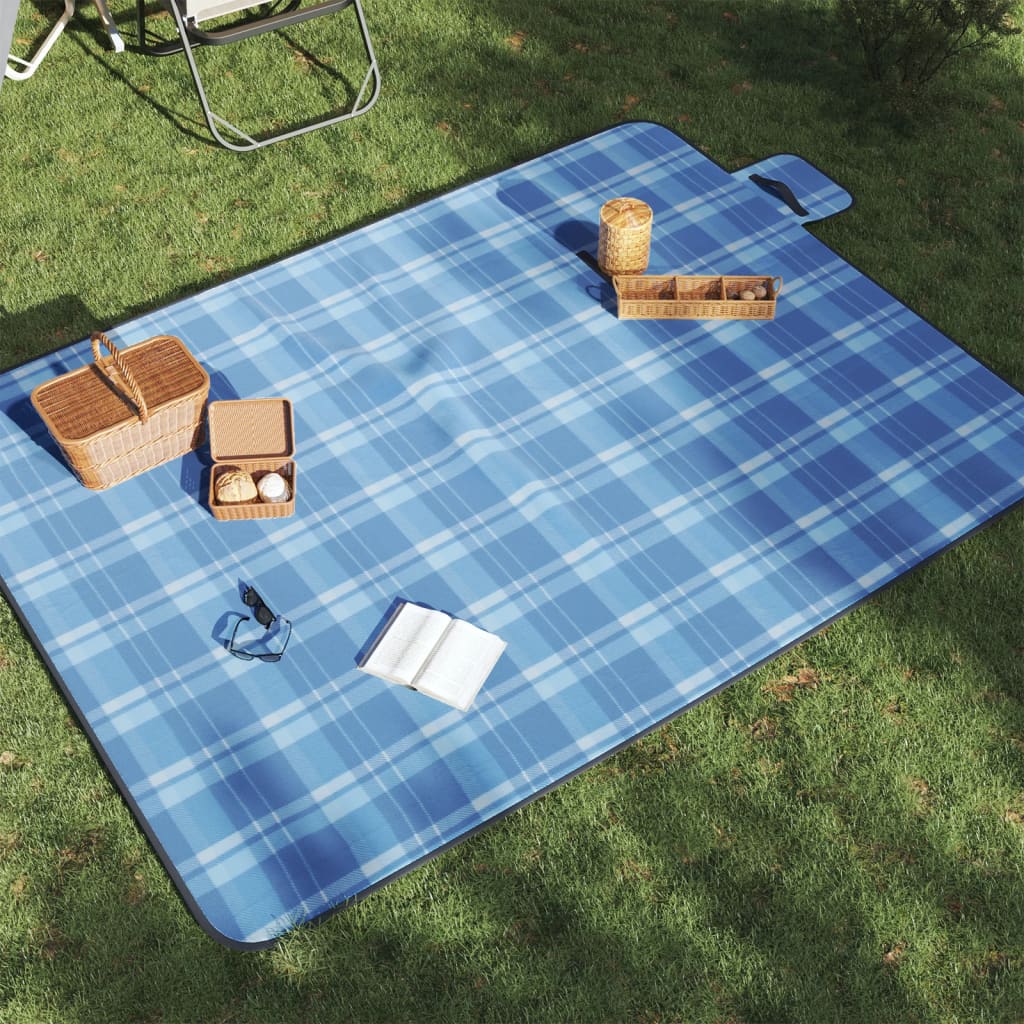 picnictæppe 200x150 cm foldbart ternet fløjl blå