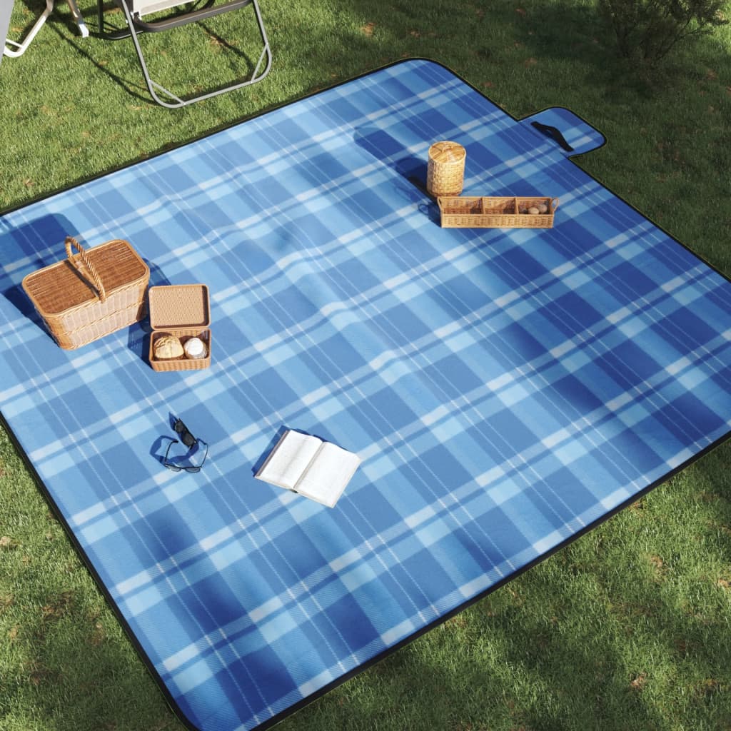 picnictæppe 200x200 cm foldbart fløjl ternet blå billede