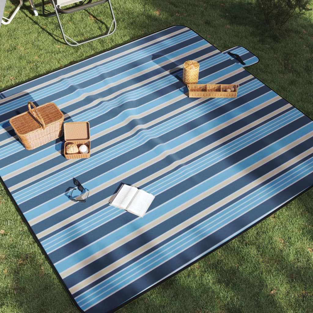 picnictæppe 200x200 cm foldbart bølget fløjl blå og hvid billede