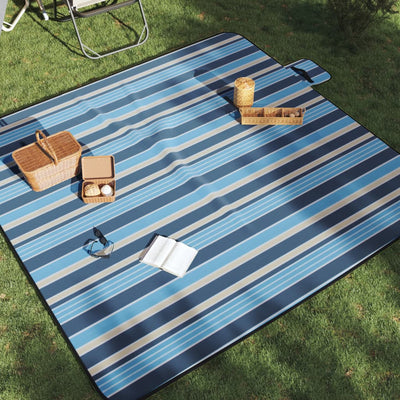picnictæppe 200x200 cm foldbart bølget fløjl blå og hvid