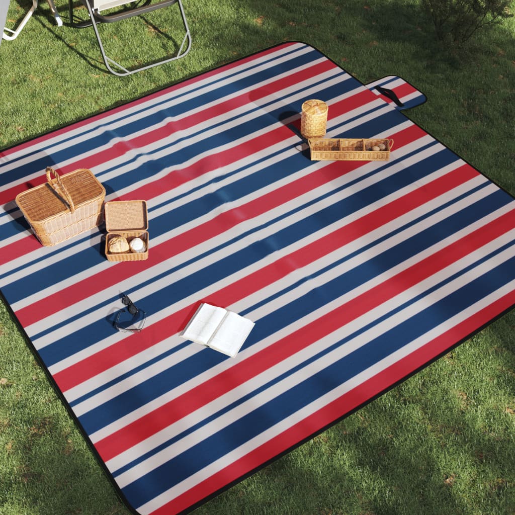 picnictæppe 200x200 cm foldbart fløjl stribet rød og blå billede