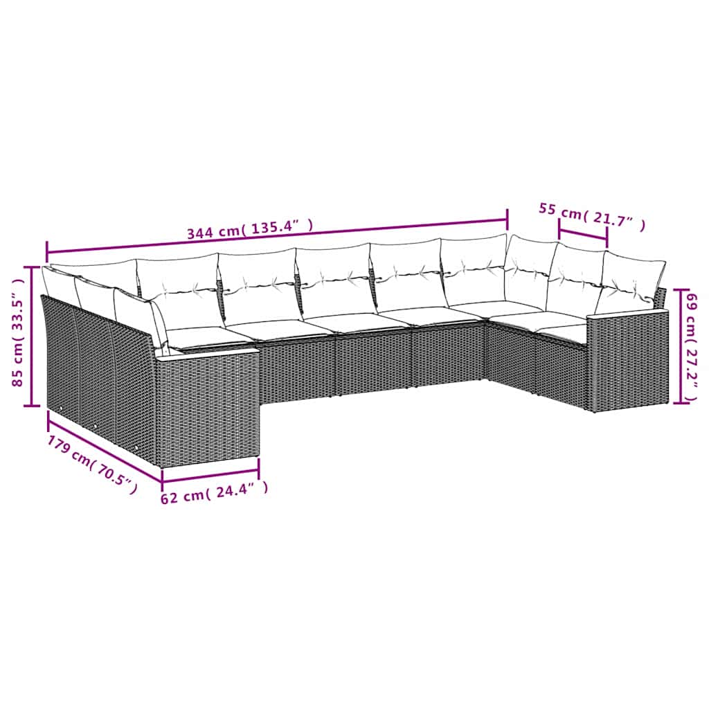 havesofasæt med 10 hynder sort polyrattan