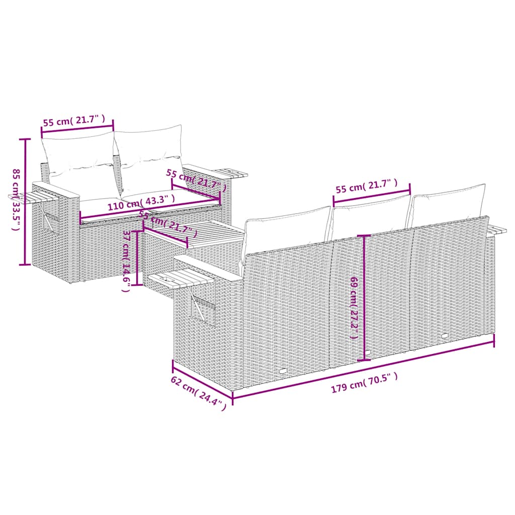 sofasæt til haven 6 dele med hynder polyrattan beige
