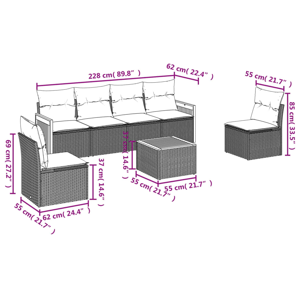 havesofasæt med 7 hynder sort polyrattan