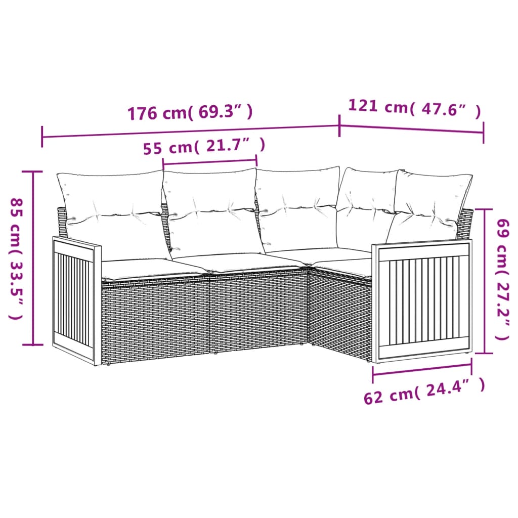 havesofasæt med 4 dele og hynder grå polyrattan