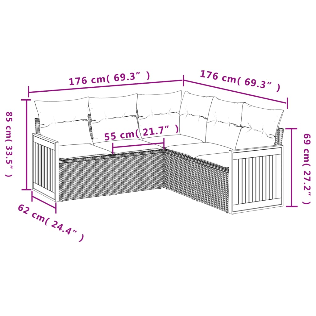 havesofasæt med 5 dele og hynder grå polyrattan