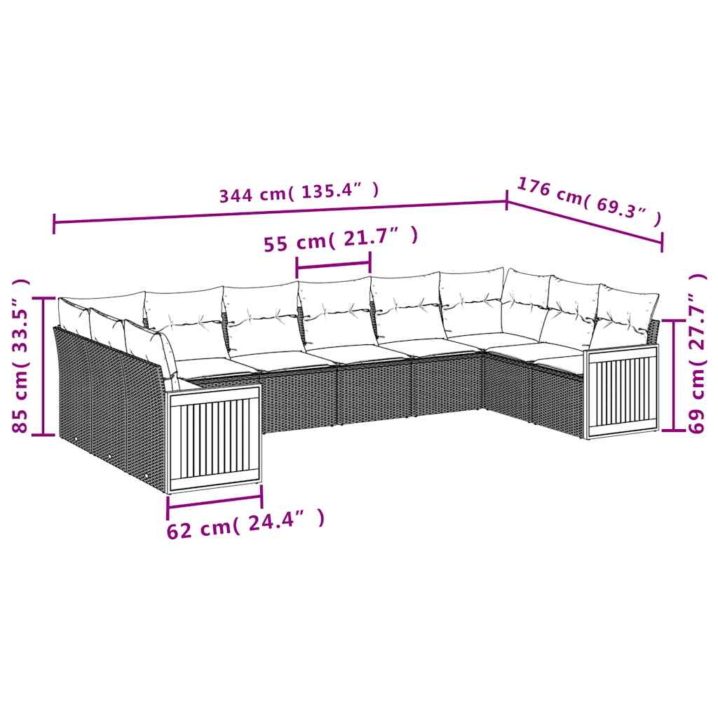 havesofasæt med 10 hynder sort polyrattan