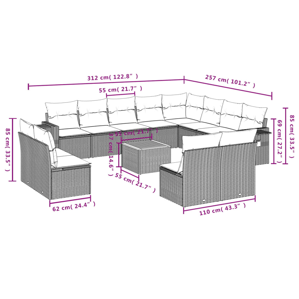 sofasæt til haven 13 dele med hynder polyrattan beige