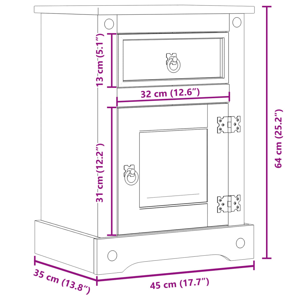 sengebord Corona 45x35x64 cm massivt fyrretræ