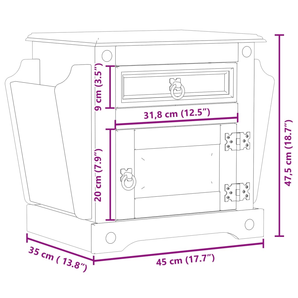 sengebord Corona 45x35x47,5 cm massivt fyrretræ