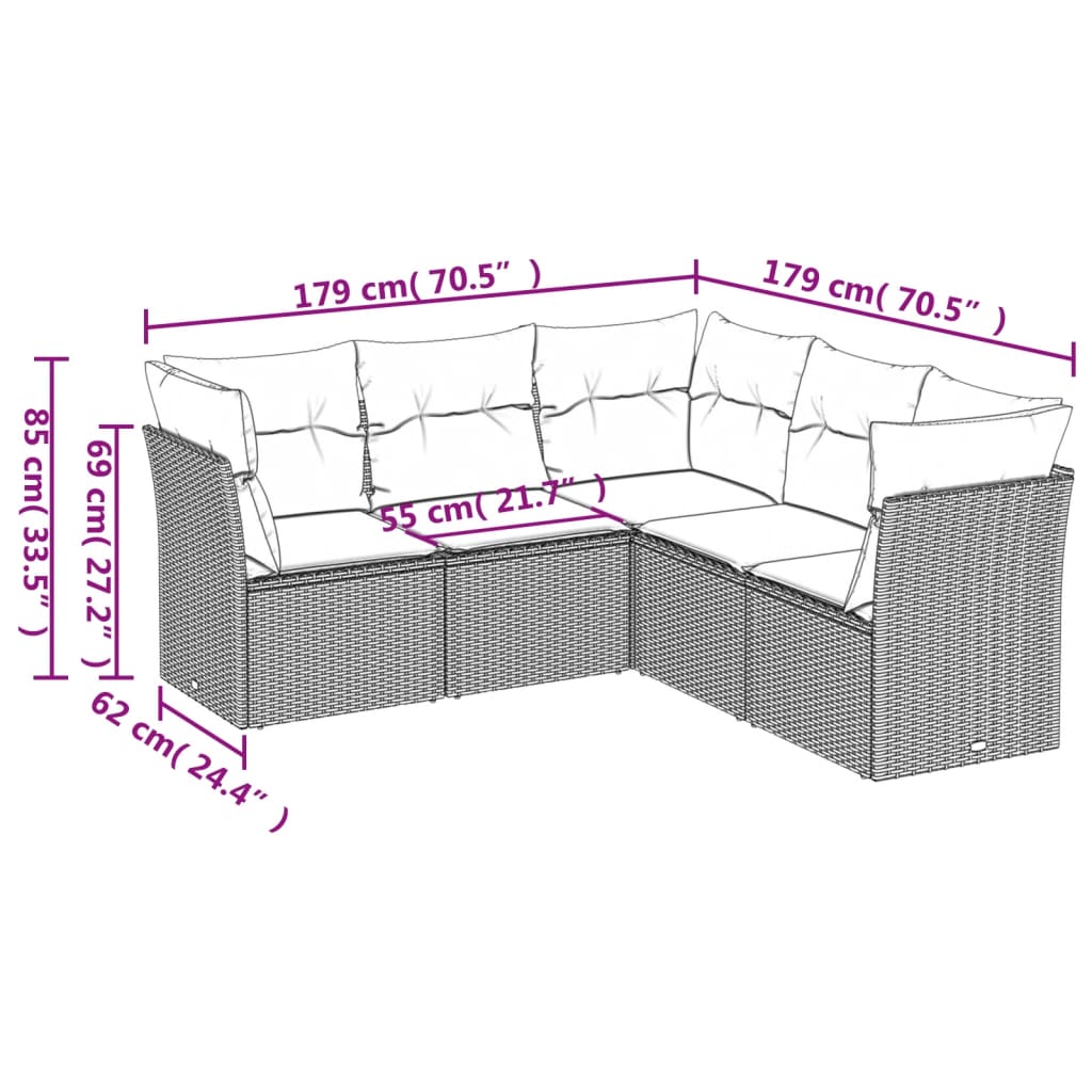 sofasæt til haven 5 dele med hynder polyrattan beige