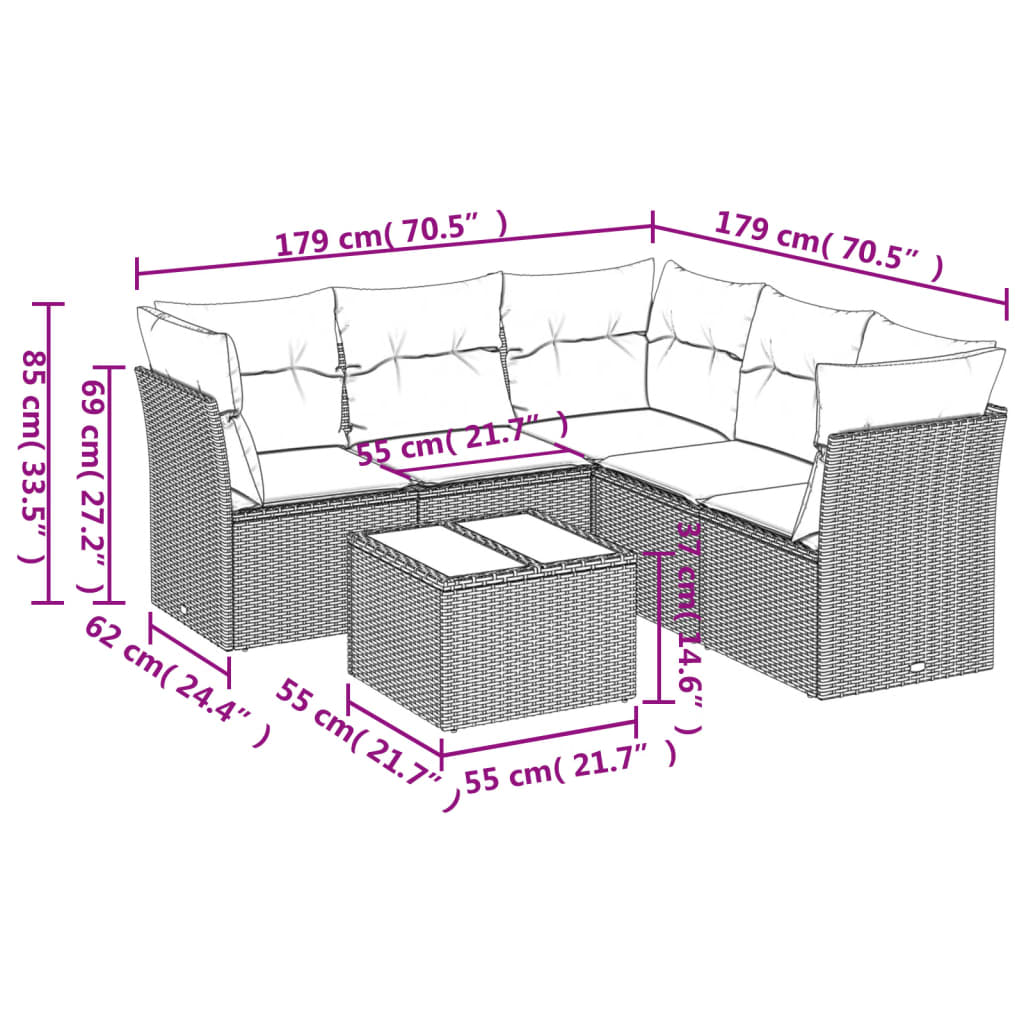sofasæt til haven 6 dele med hynder polyrattan brun