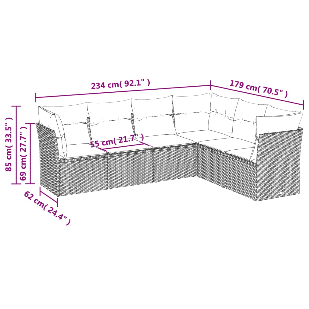 sofasæt til haven 6 dele med hynder polyrattan brun