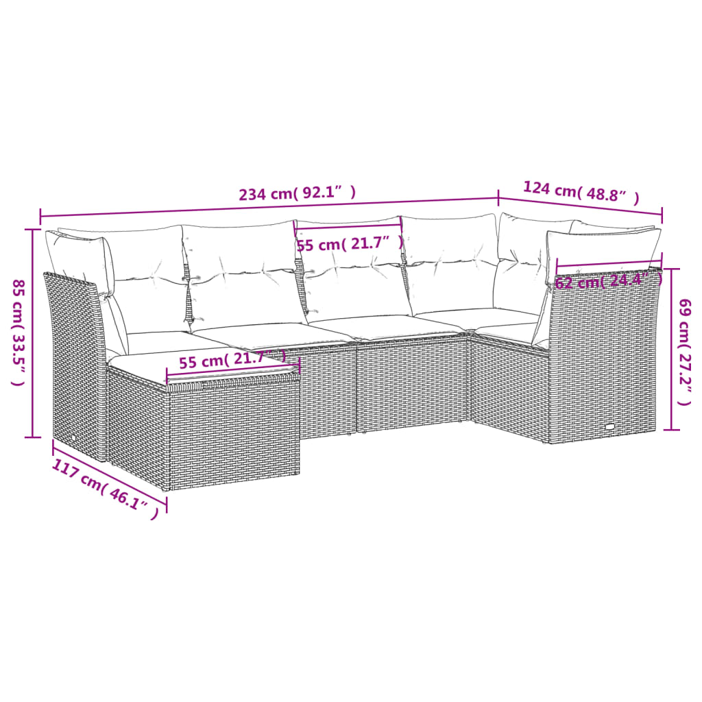sofasæt til haven 6 dele med hynder polyrattan beige