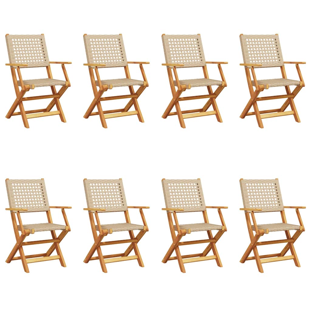 Klapstole 8 stk. beige polyrattan og massivt træ