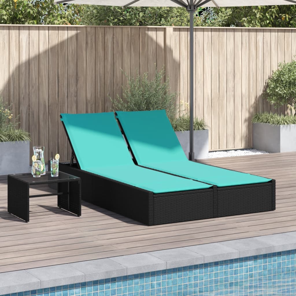 dobbelt liggestol med hynder sort polyrattan