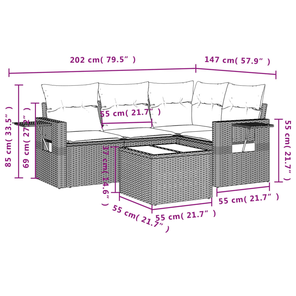 havesofasæt med 5 dele og hynder sort polyrattan