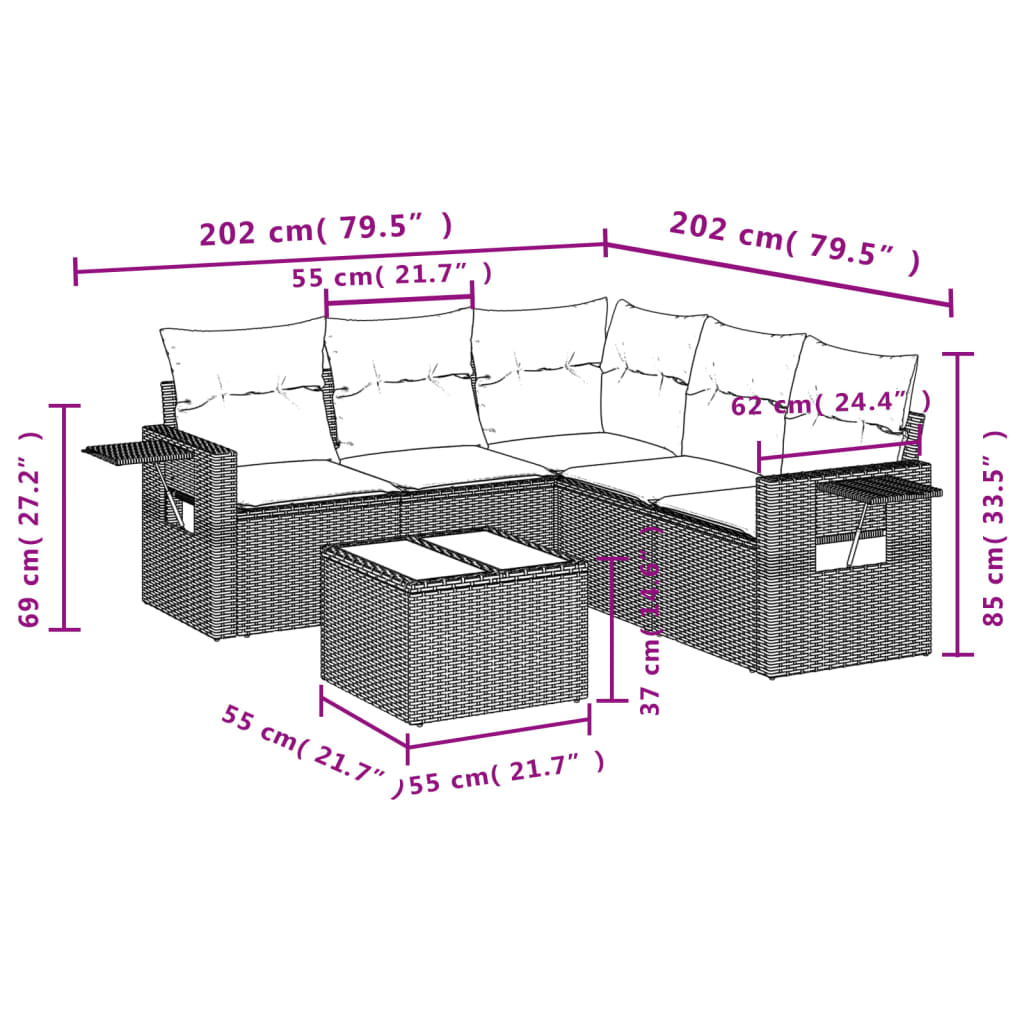 sofasæt til haven 6 dele med hynder polyrattan brun
