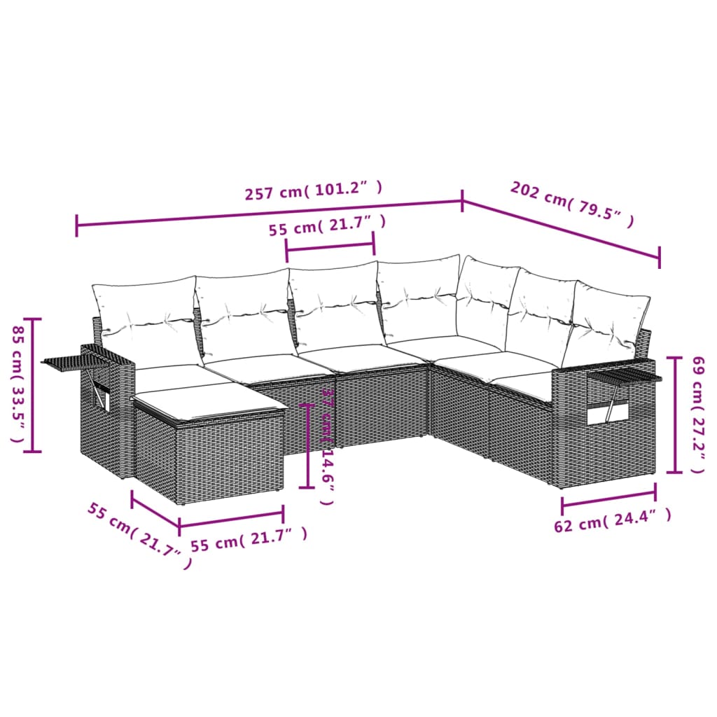 sofasæt til haven 7 dele med hynder polyrattan brun