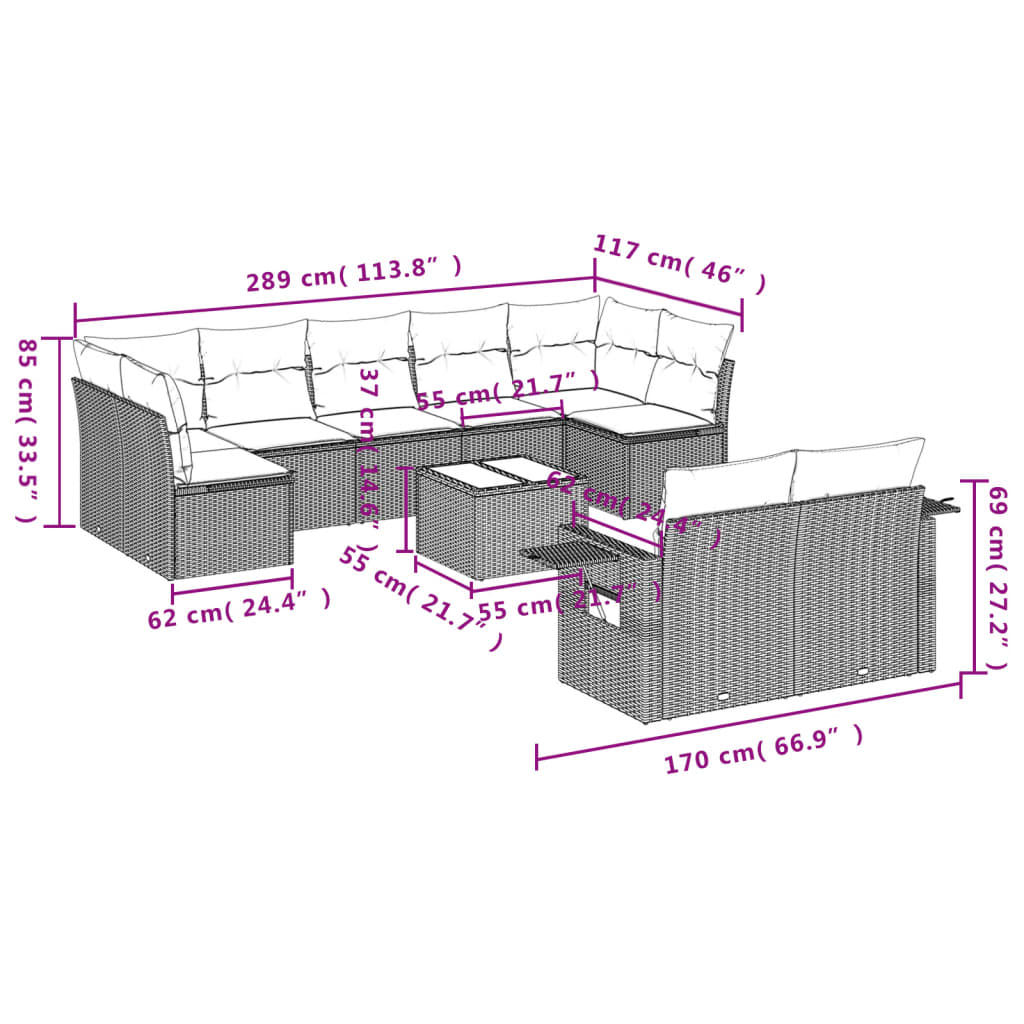 havesofasæt med 10 hynder sort polyrattan