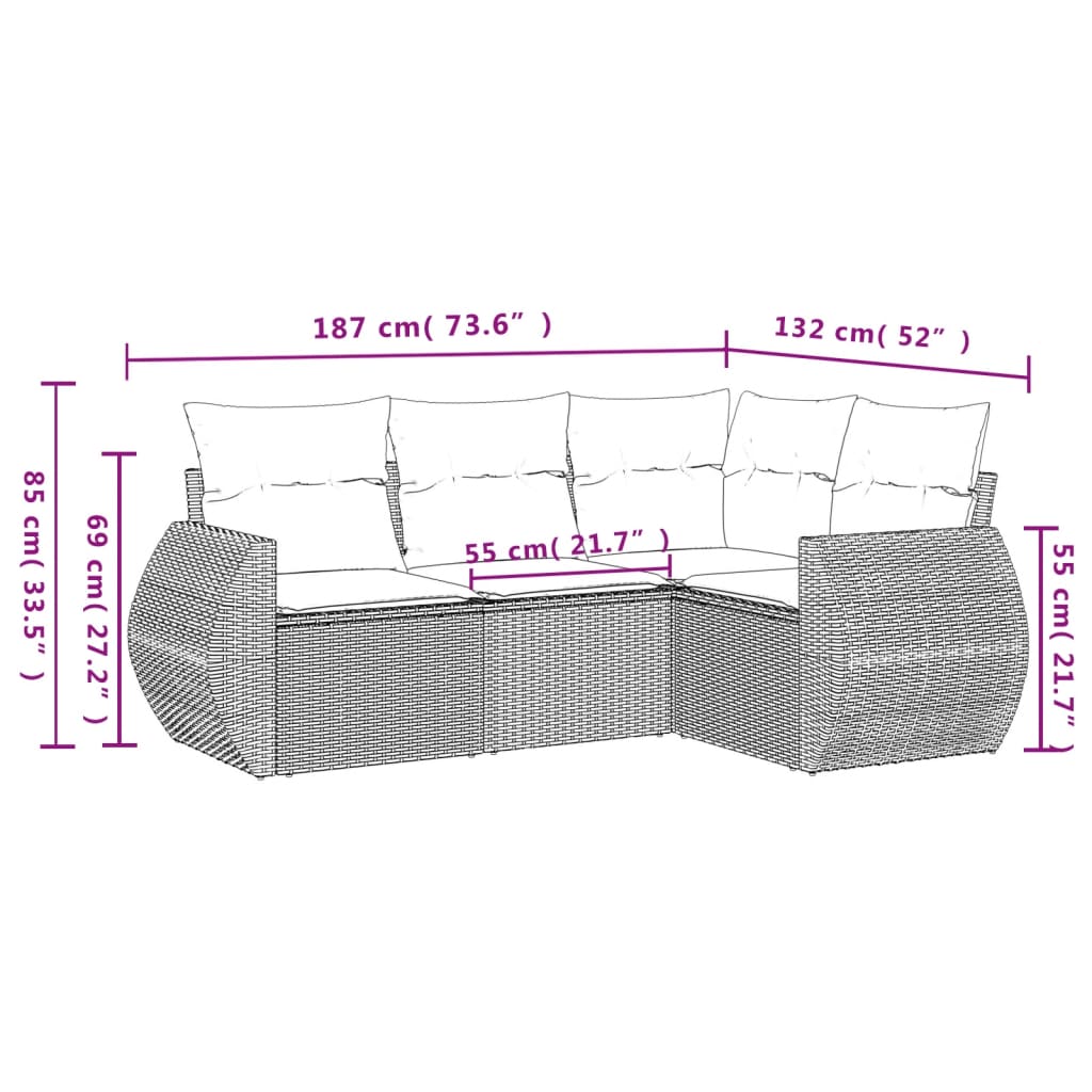 havesofasæt med 4 dele og hynder sort polyrattan