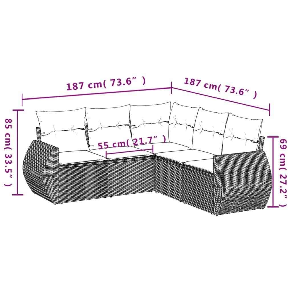 havesofasæt med 5 dele og hynder brun polyrattan