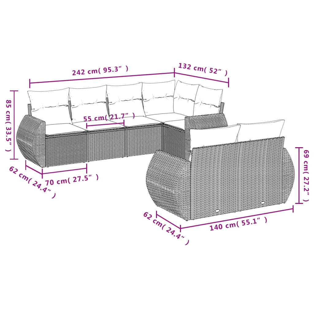 sofasæt til haven 7 dele med hynder polyrattan beige