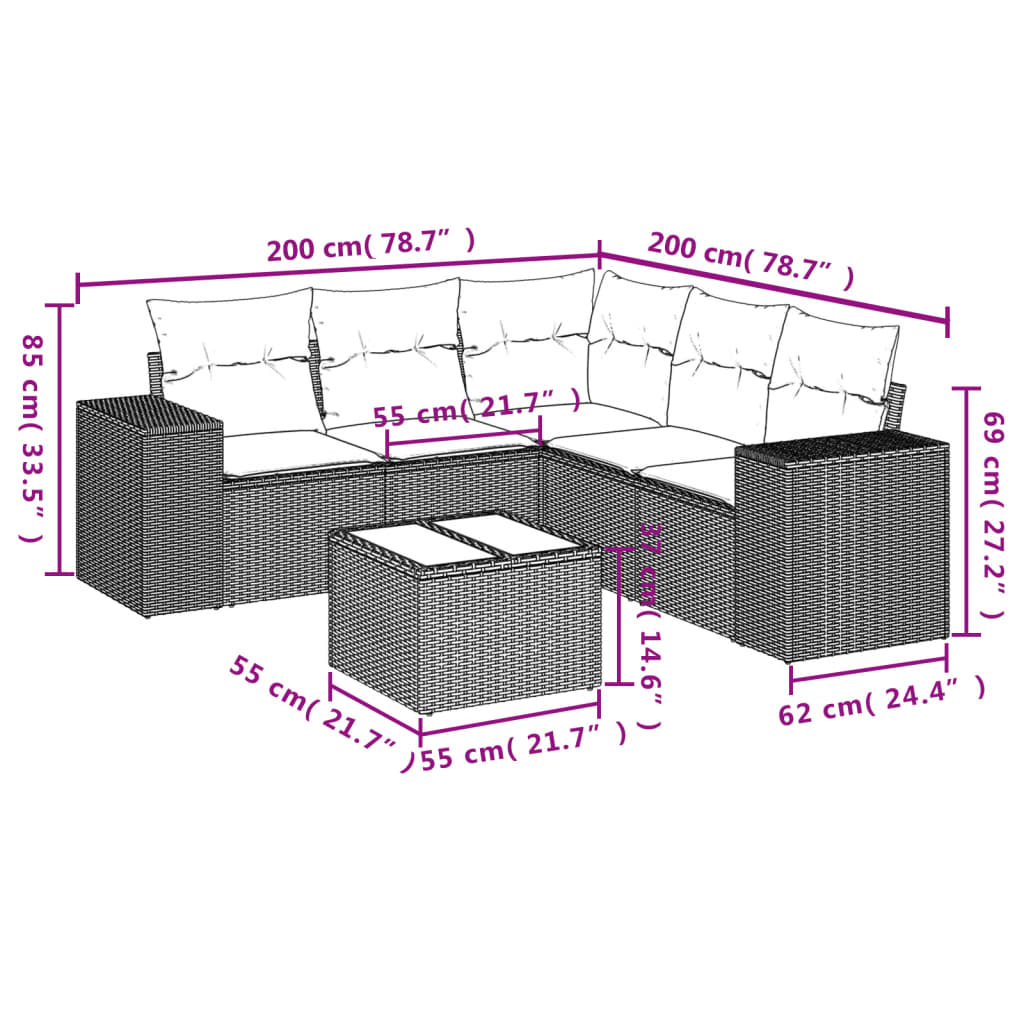 sofasæt til haven 6 dele med hynder polyrattan brun