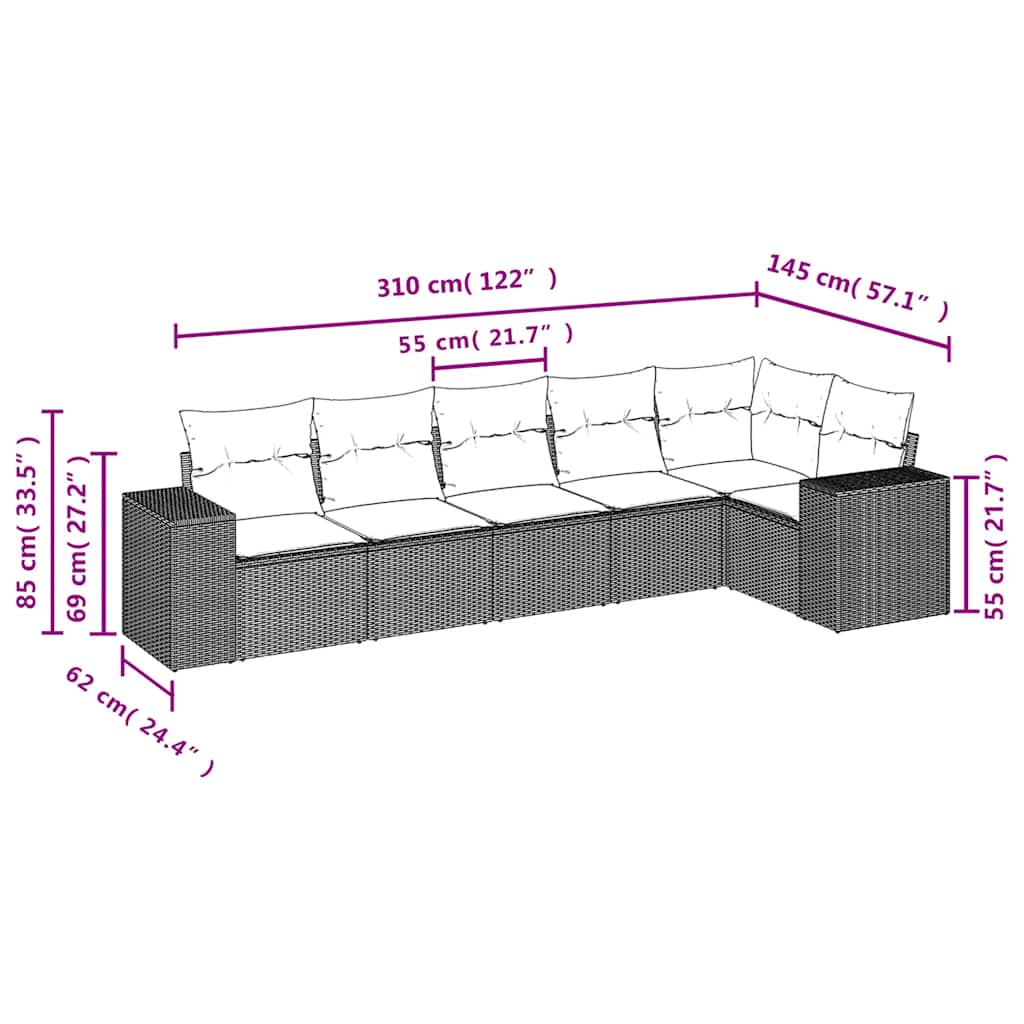 sofasæt til haven 6 dele med hynder polyrattan lysegrå