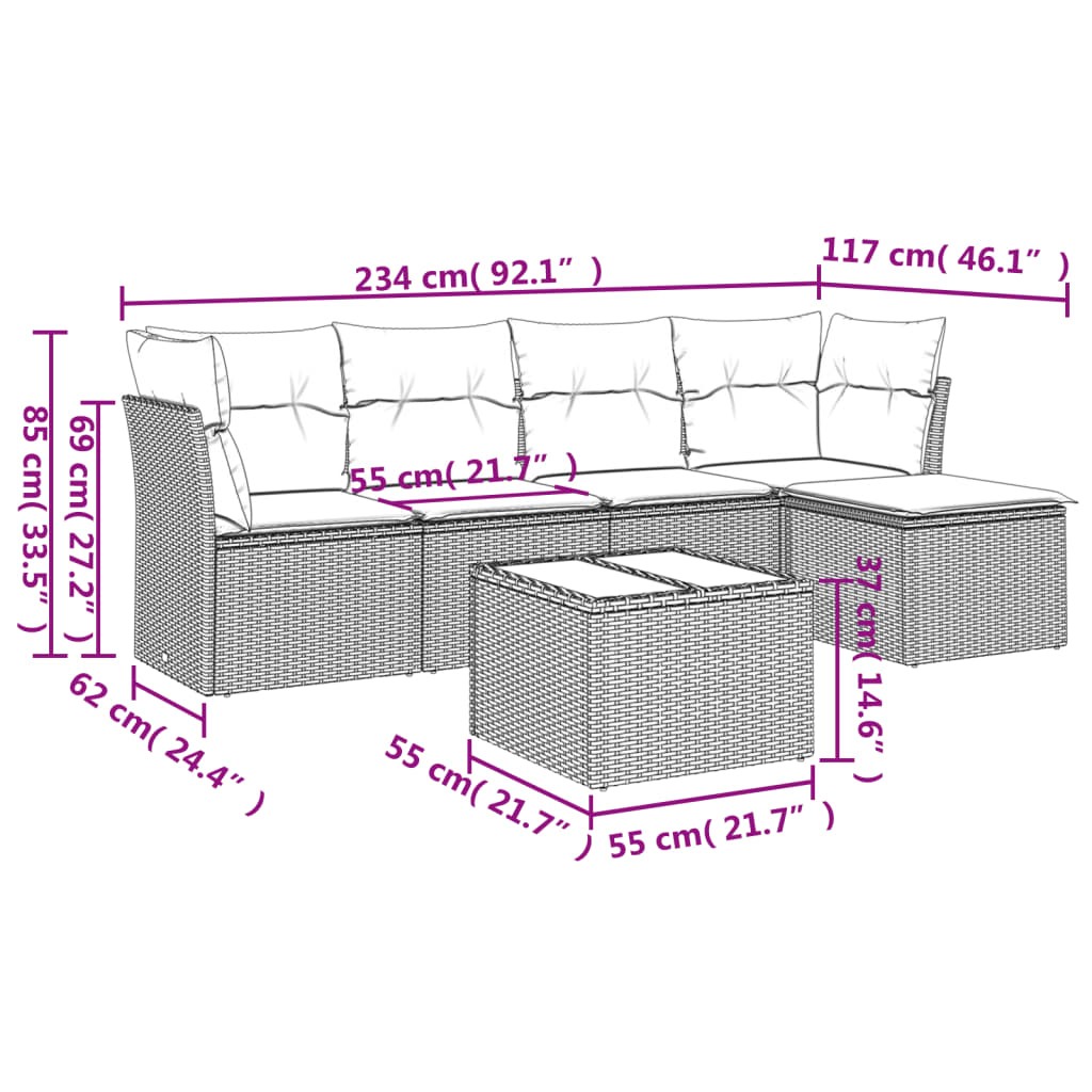 sofasæt til haven 6 dele med hynder polyrattan beige