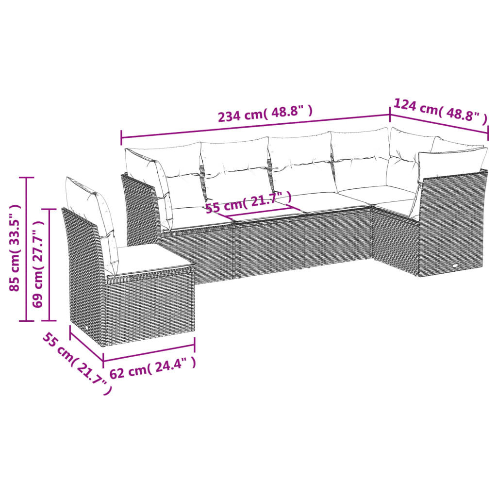 sofasæt til haven 6 dele med hynder polyrattan grå
