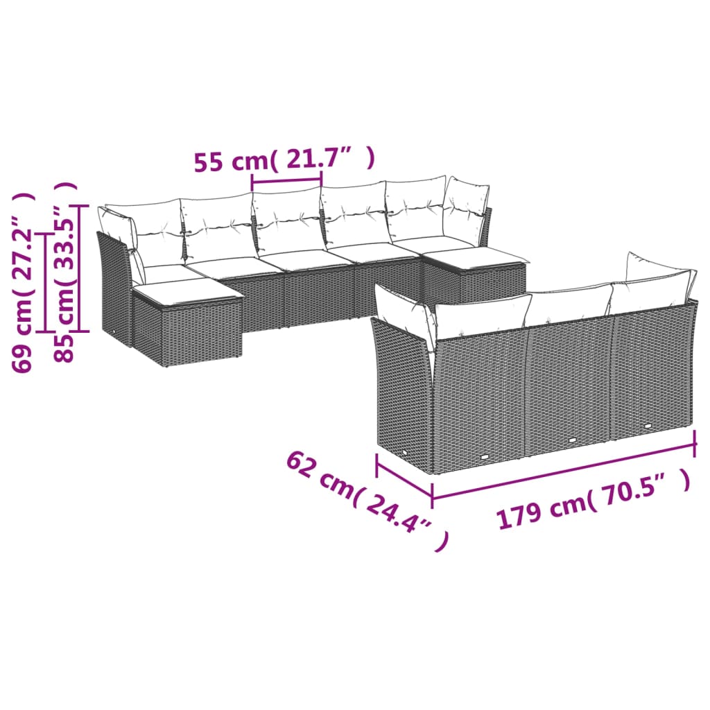havesofasæt med 10 hynder brun polyrattan
