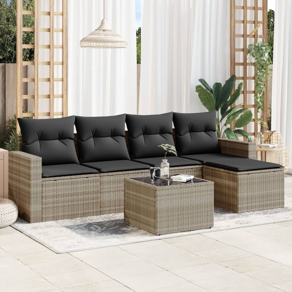 sofasæt til haven 6 dele med hynder polyrattan lysegrå